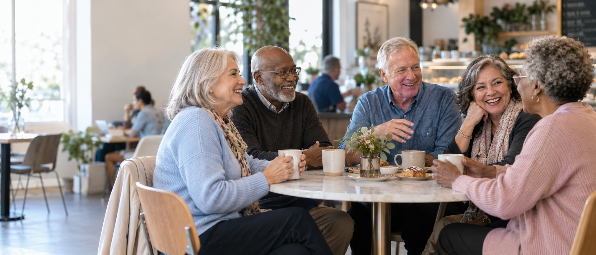 Grupo de adultos compartiendo café y conversación